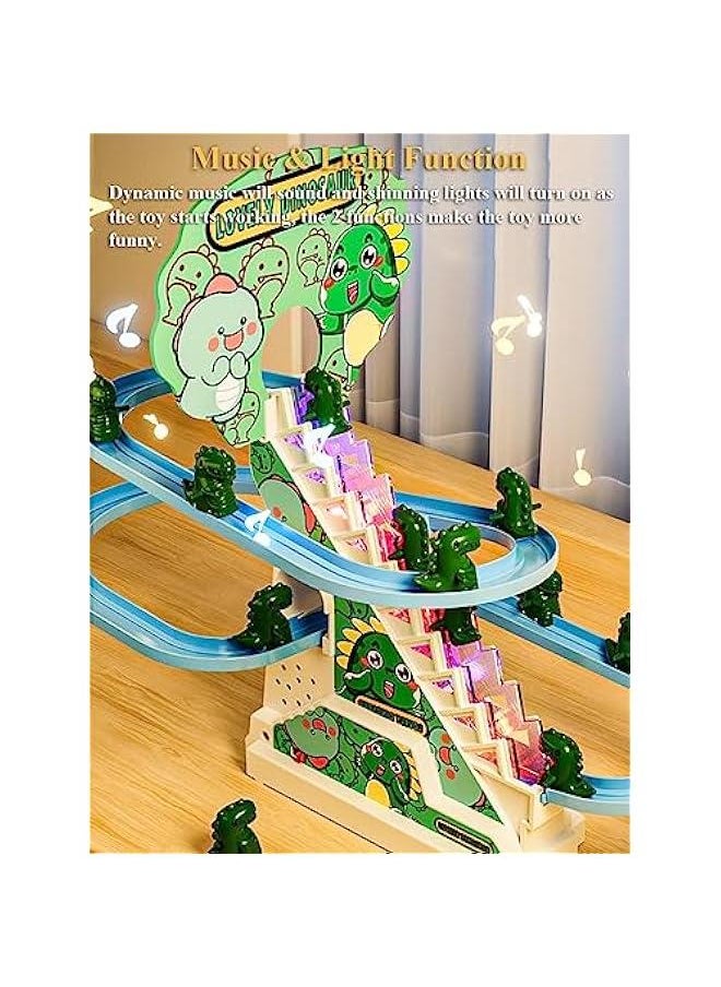 Dinosaur Slide Toy Set, Funny Dino Escalator Toy Dinosaur Automatic Stair-Climbing Cartoon Race Track Set Little Lovely Dino Slide Toy with Lights and Music