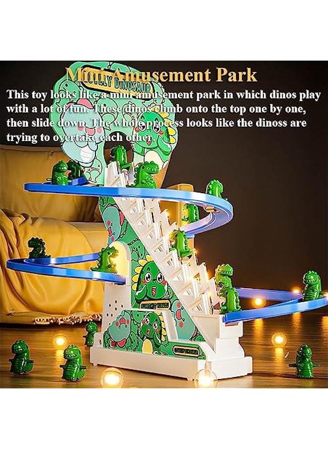 Dinosaur Slide Toy Set, Funny Dino Escalator Toy Dinosaur Automatic Stair-Climbing Cartoon Race Track Set Little Lovely Dino Slide Toy with Lights and Music