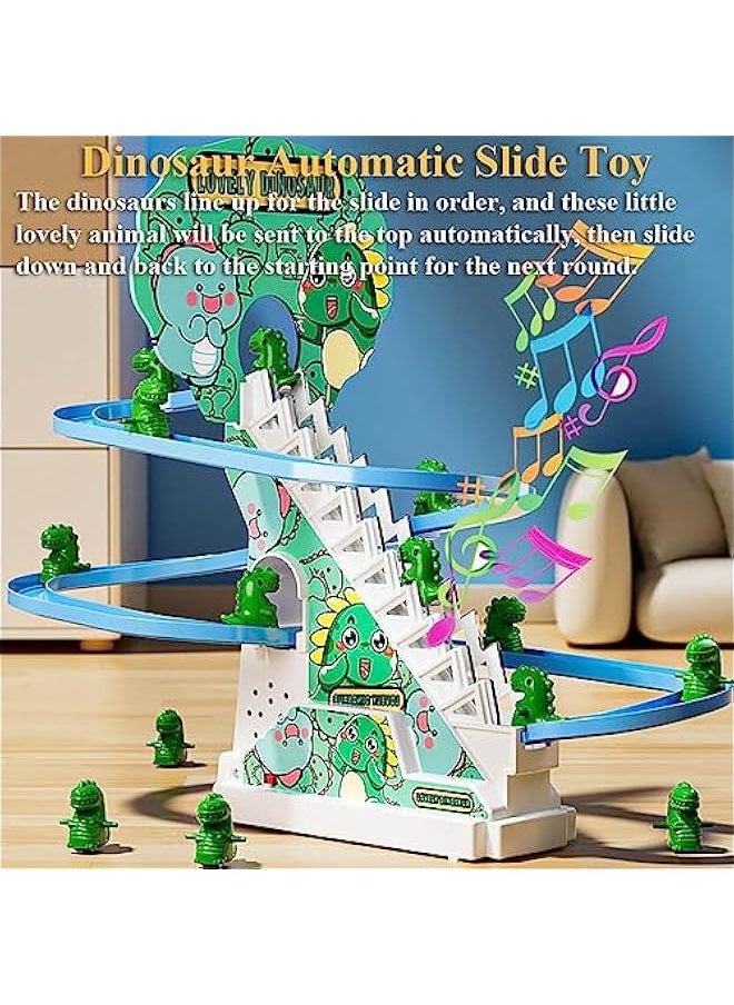 Dinosaur Slide Toy Set, Funny Dino Escalator Toy Dinosaur Automatic Stair-Climbing Cartoon Race Track Set Little Lovely Dino Slide Toy with Lights and Music