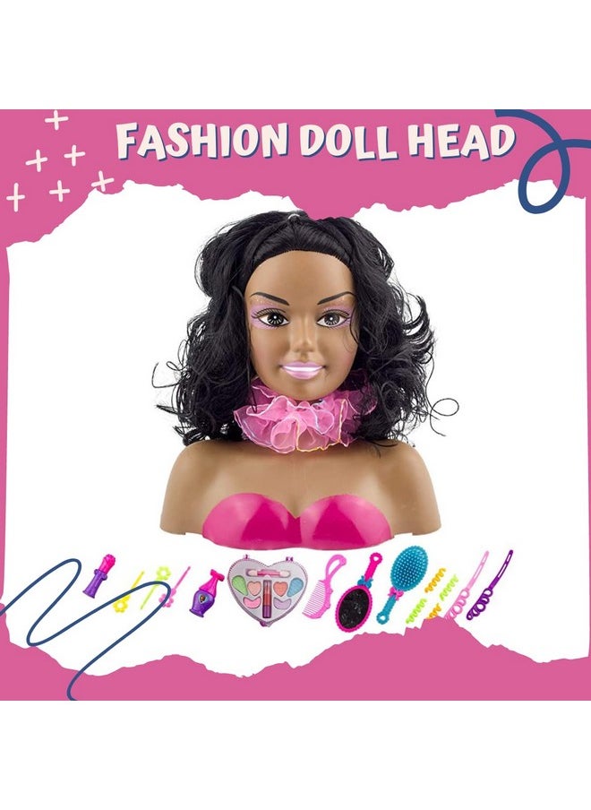African American Black Makeup And Hair Styling Doll Head Toy Playset With Real Washable Cosmetic And Fashion Dress Up Accessories For Girls Pretend Play