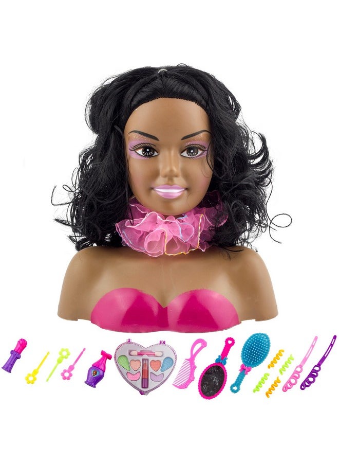 African American Black Makeup And Hair Styling Doll Head Toy Playset With Real Washable Cosmetic And Fashion Dress Up Accessories For Girls Pretend Play