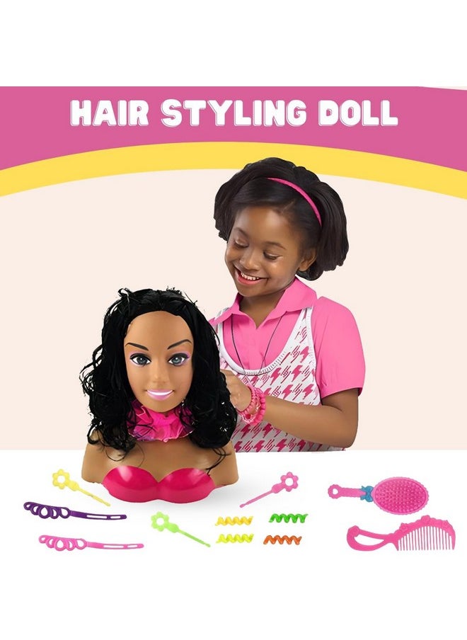 African American Black Makeup And Hair Styling Doll Head Toy Playset With Real Washable Cosmetic And Fashion Dress Up Accessories For Girls Pretend Play