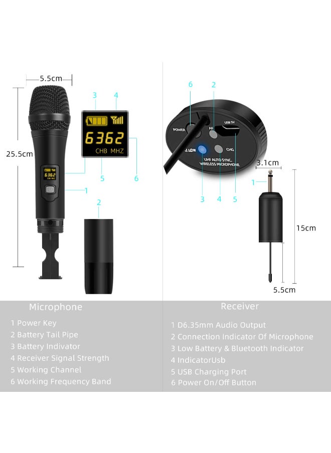 Wireless UHF Dynamic Handheld Microphone – Metal Mic with Excellent Sound Quality for Karaoke, Parties, and Amplifiers