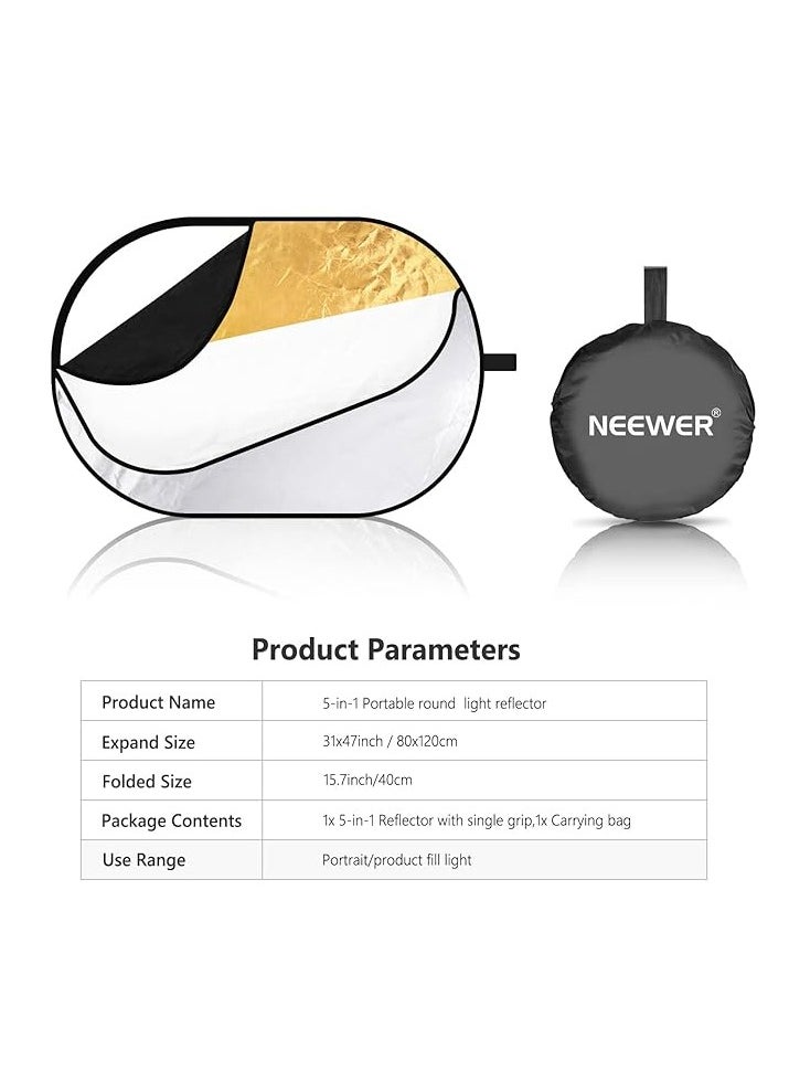 Neewer 5-in-1 professional, foldable, multi, disc, oval light reflector, 80 cm x 120 cm, 31 inches x 47 inches