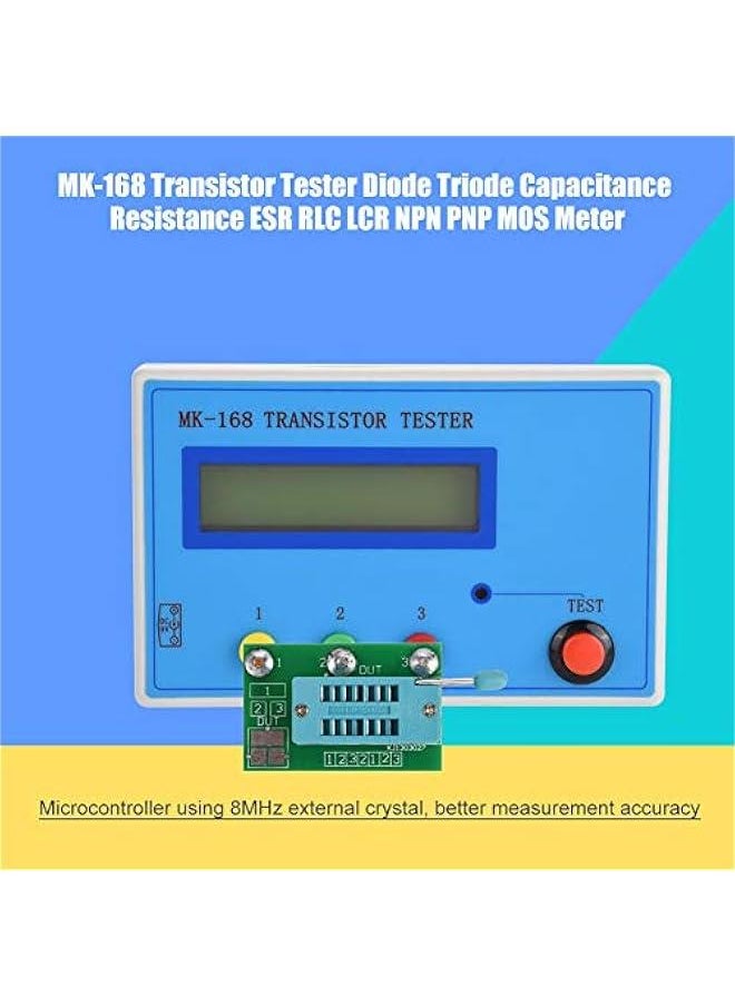 Transistor Tester, MK-168 8MHz External Crystal Multifunction High Accuracy Diode Triode Capacitance Tester RLC NPN PNP MOS Meter with Automatically Detect