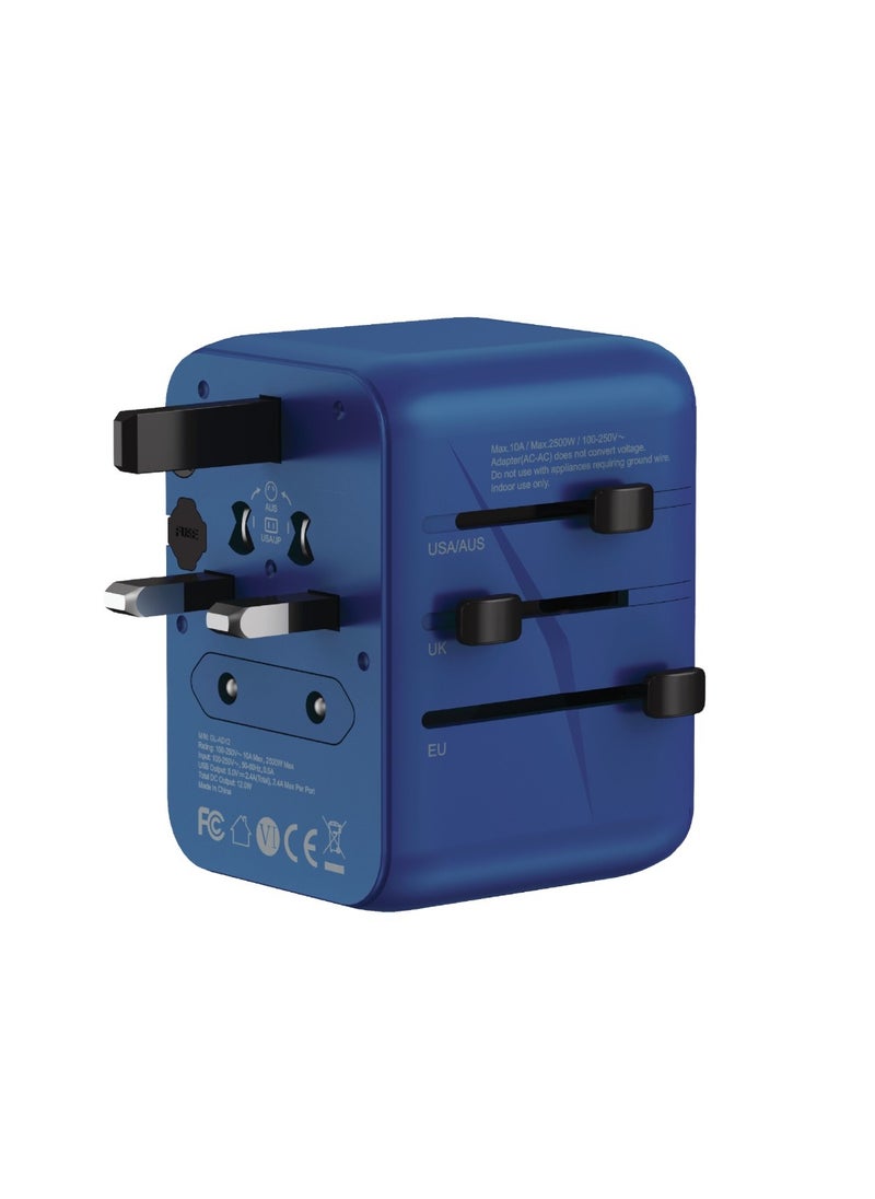 12W Universal Travel Adapter / UK/US/AU/EU Pin / 2500W Max / Type-C Port / Dual USB-A / Multi Ports / Travel Friendly / Super Compact / Innovative Design / Overheat & Short Circuit Protection - Blue