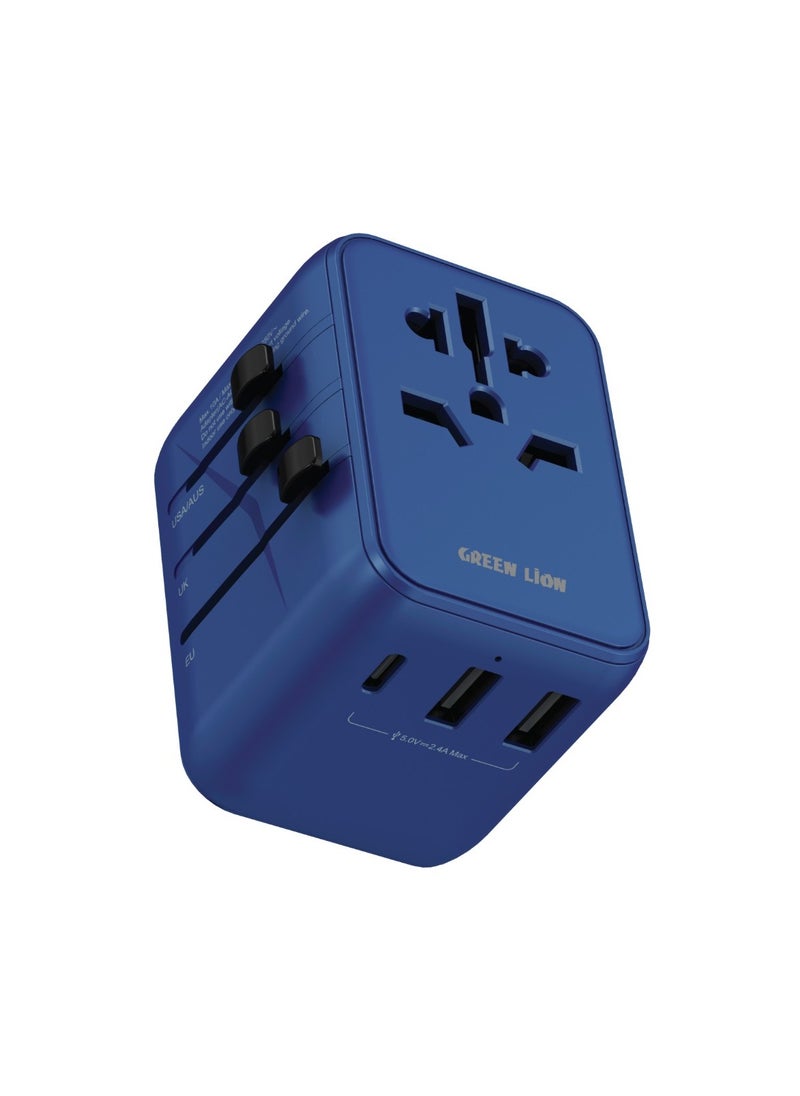 12W Universal Travel Adapter / UK/US/AU/EU Pin / 2500W Max / Type-C Port / Dual USB-A / Multi Ports / Travel Friendly / Super Compact / Innovative Design / Overheat & Short Circuit Protection - Blue