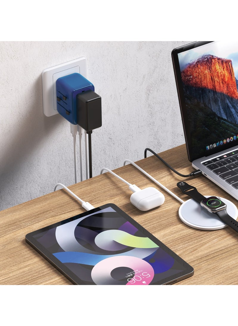 12W Universal Travel Adapter / UK/US/AU/EU Pin / 2500W Max / Type-C Port / Dual USB-A / Multi Ports / Travel Friendly / Super Compact / Innovative Design / Overheat & Short Circuit Protection - Blue