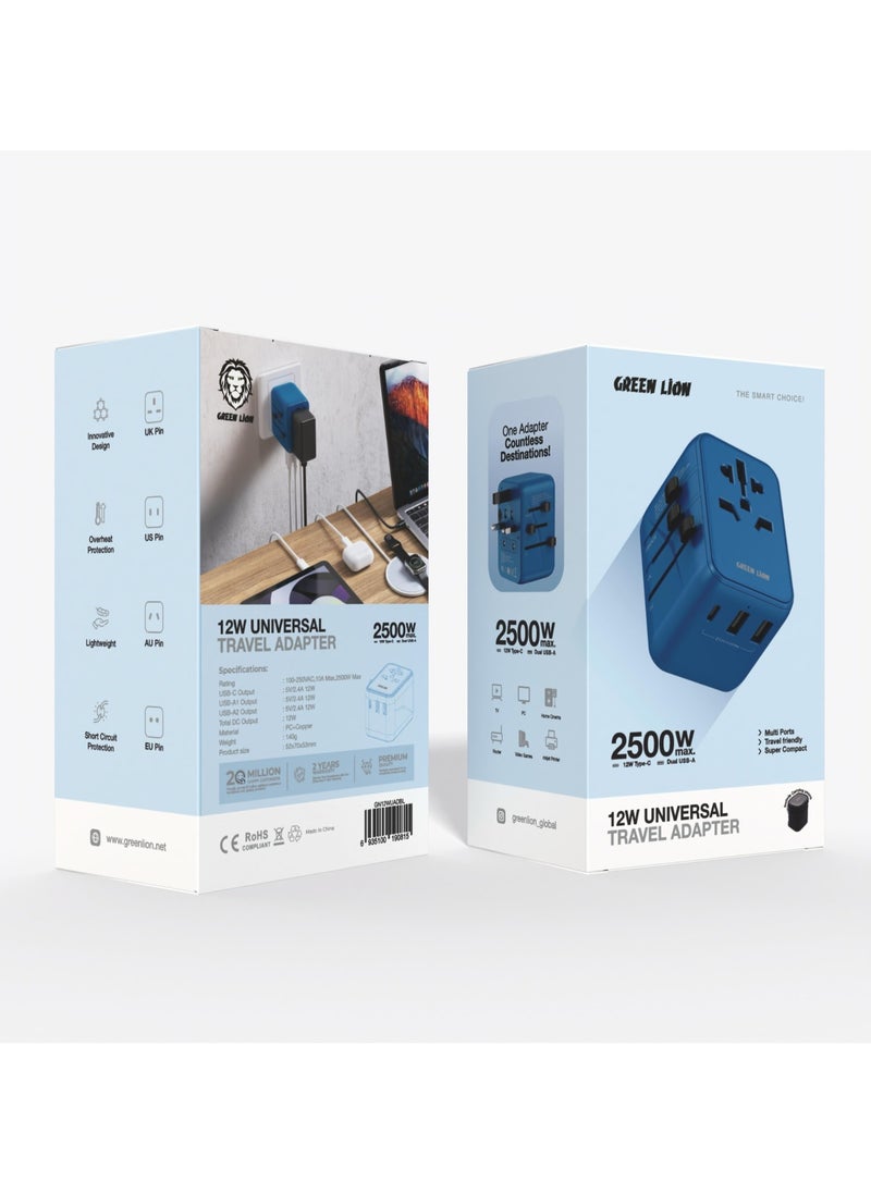 12W Universal Travel Adapter / UK/US/AU/EU Pin / 2500W Max / Type-C Port / Dual USB-A / Multi Ports / Travel Friendly / Super Compact / Innovative Design / Overheat & Short Circuit Protection - Blue