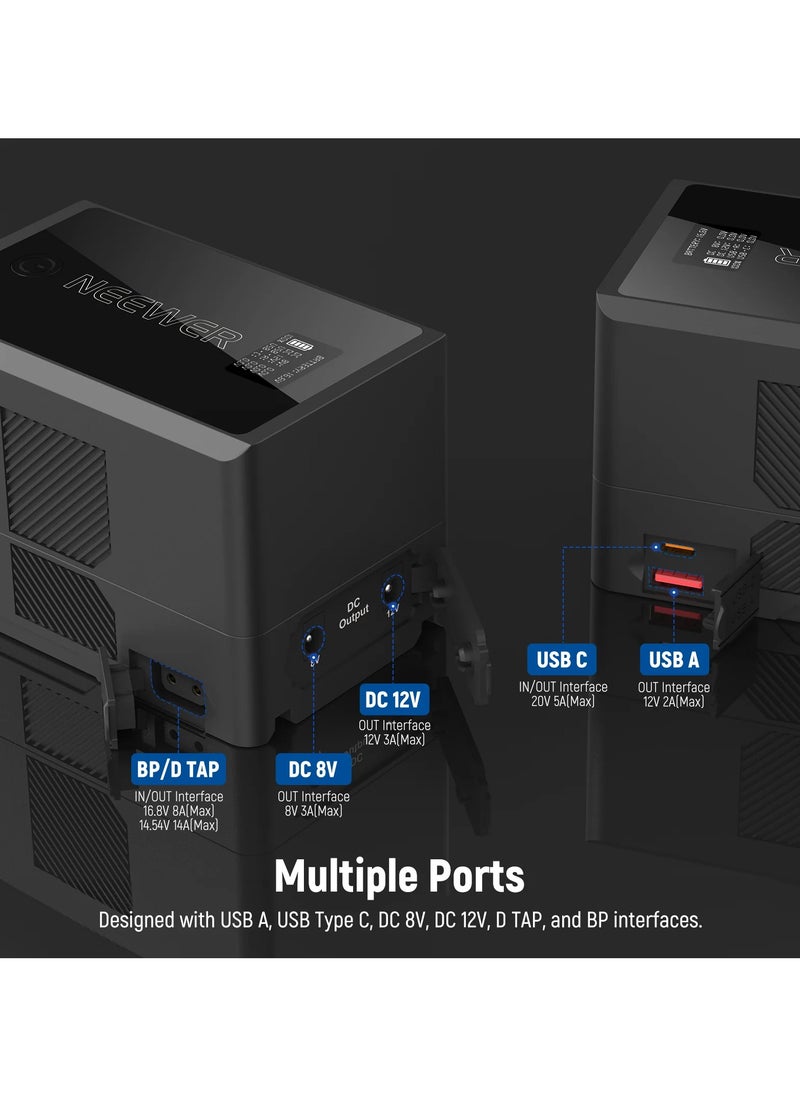 NEEWER V Mount Battery PS150E Supports 100W PD USB C Fast Charging, 10350mAh 150Wh 14.54V, with D Tap/USB C/USB A/BP/Dual DC Ports/OLED Screen, V Lock Battery for Camera Camcorder Monitor Video Light