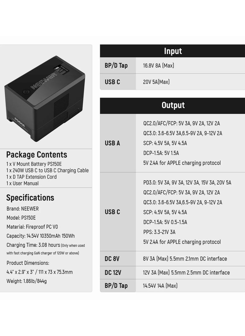 NEEWER V Mount Battery PS150E Supports 100W PD USB C Fast Charging, 10350mAh 150Wh 14.54V, with D Tap/USB C/USB A/BP/Dual DC Ports/OLED Screen, V Lock Battery for Camera Camcorder Monitor Video Light