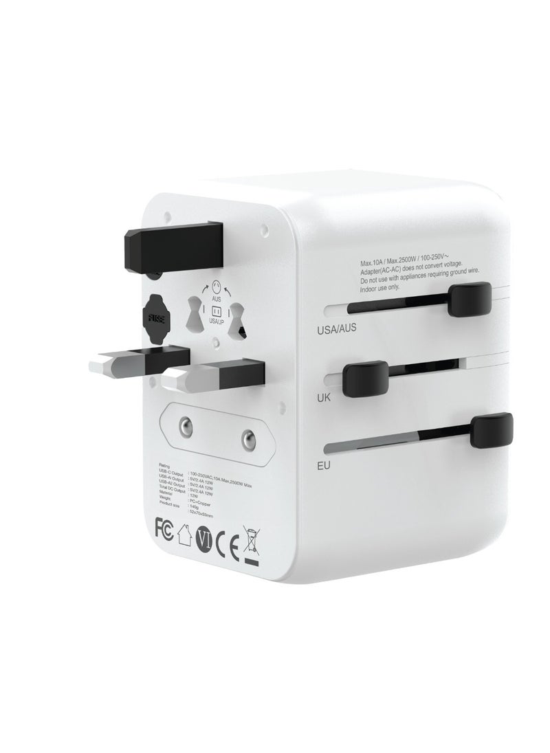 12W Universal Travel Adapter / UK/AU/EU/US Pin / Multi Ports / Travel Friendly / Super Compact / Short Circuit Protection / Overheat Protection / Innovative Design / Lightweight - White