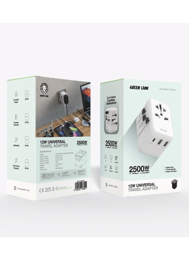 12W Universal Travel Adapter / UK/AU/EU/US Pin / Multi Ports / Travel Friendly / Super Compact / Short Circuit Protection / Overheat Protection / Innovative Design / Lightweight - White