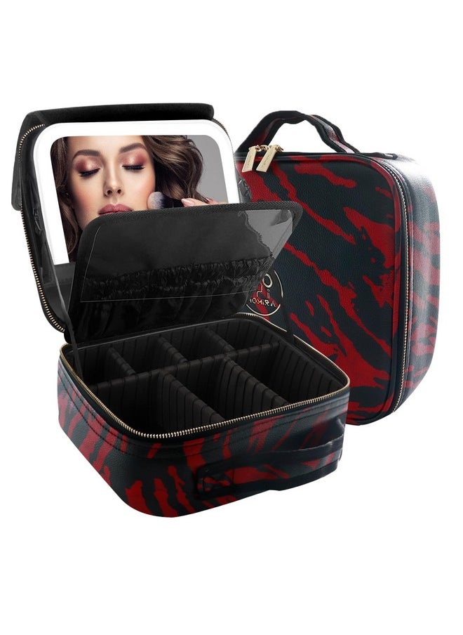 Detachable Travel Makeup Case With Large Lighted Mirror Travel Makeup Bag With Mirror Of Led Lighted Waterproof Portable Accessories New Upgrade（Zebra Red）