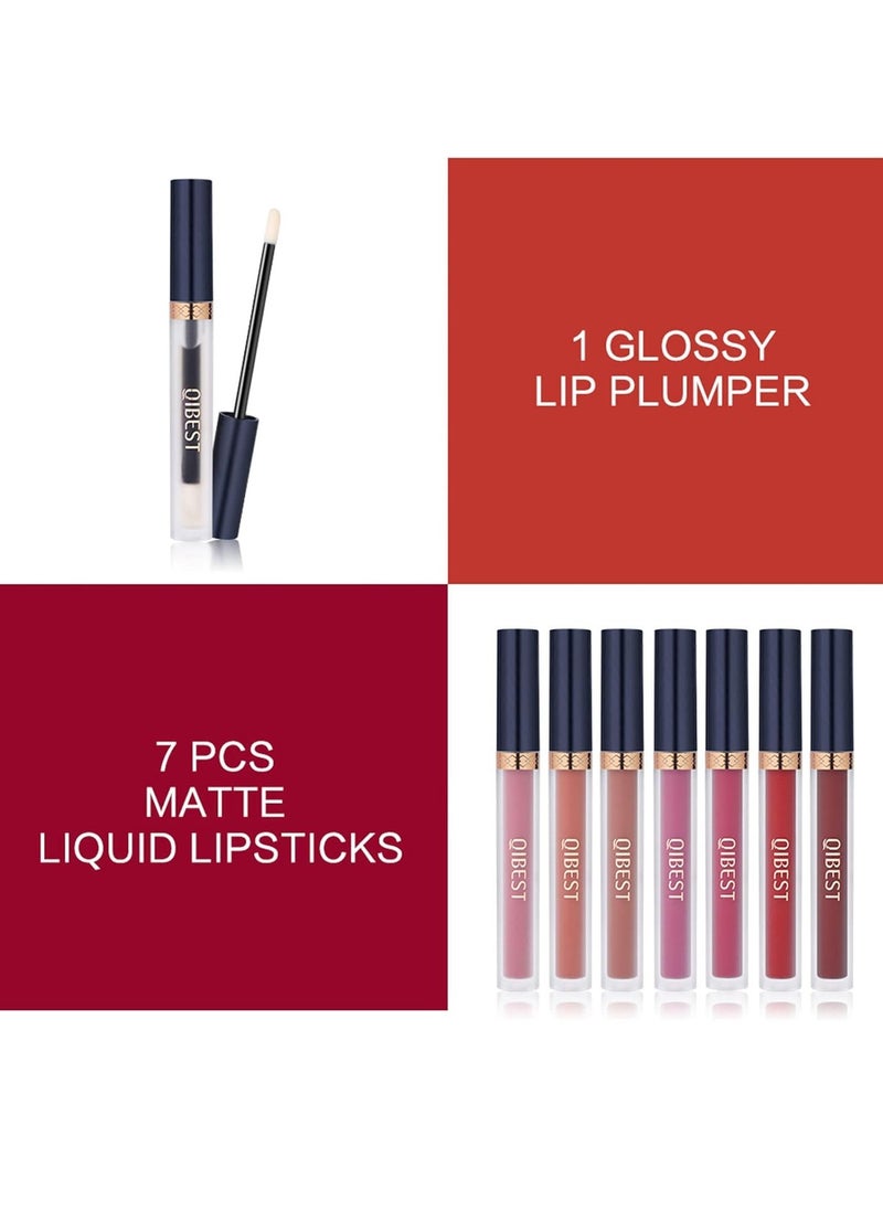 QiBest 7Pcs Matte Liquid Lipstick + 1Pcs Lip Plumper Makeup Set Kit, Pigmented Long Lasting Lip Gloss Set, Velvet Waterproof Halloween Lip Makeup Valentine's Day Gift Sets for Girls and Women