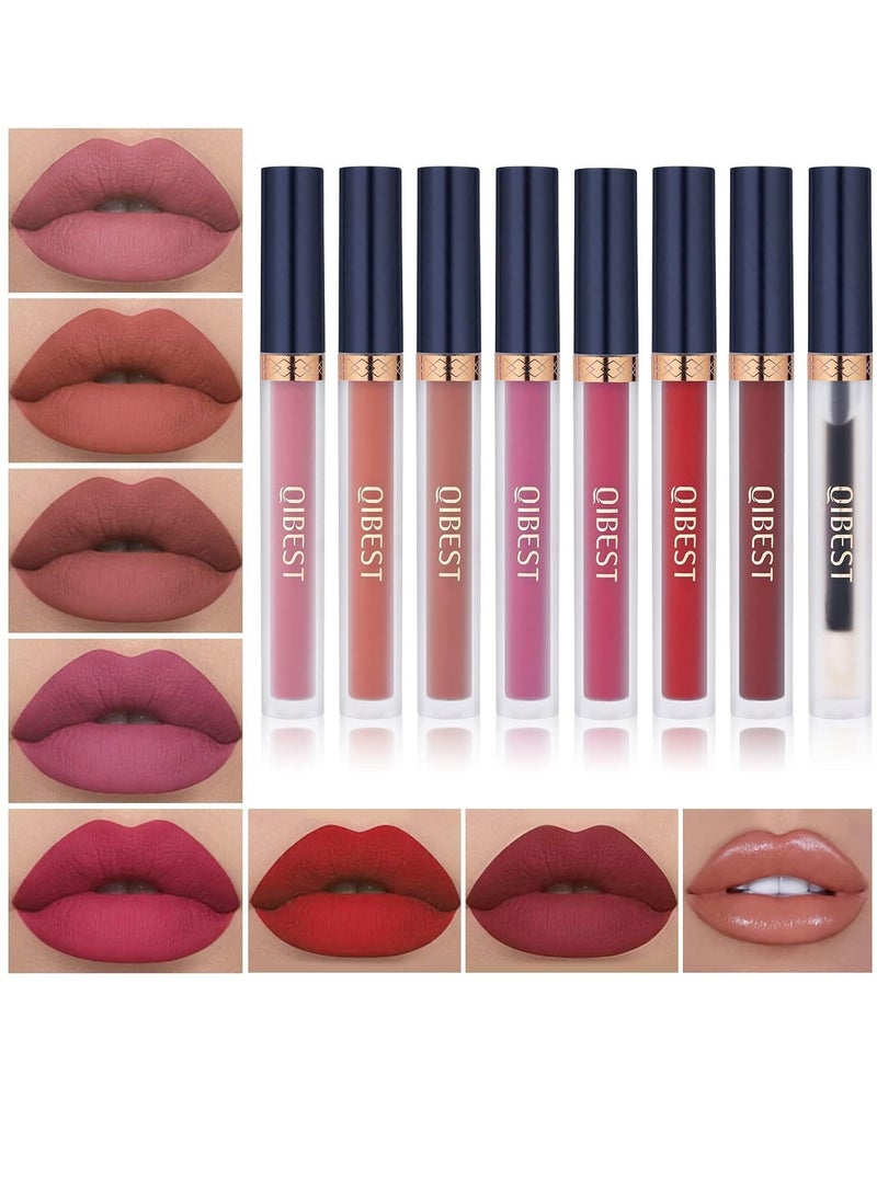 QiBest 7Pcs Matte Liquid Lipstick + 1Pcs Lip Plumper Makeup Set Kit, Pigmented Long Lasting Lip Gloss Set, Velvet Waterproof Halloween Lip Makeup Valentine's Day Gift Sets for Girls and Women