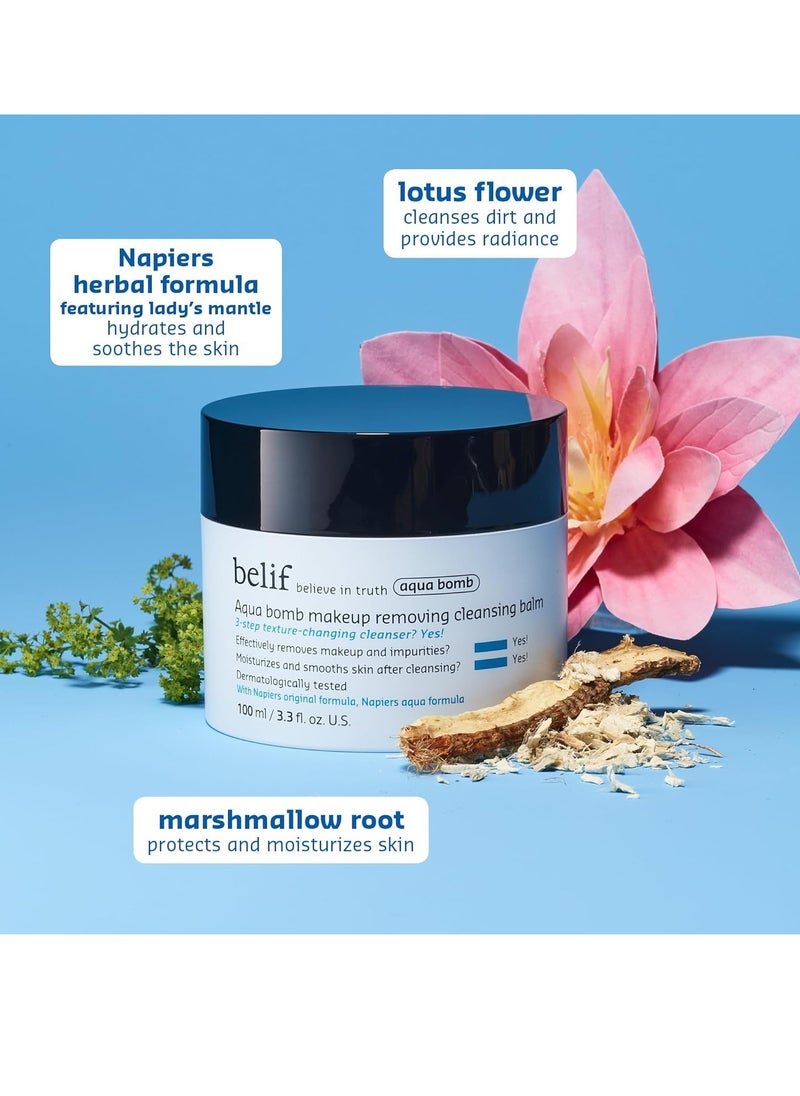 belif Aqua Bomb Cleansing Balm Makeup Remover, Hydrate & Deep Cleanse in 1 Step, No Mess Clean Up, Melt Away Makeup & SPF, Balm to Oil Cleanser Formula, No Oily Residue, Korean Skin Care