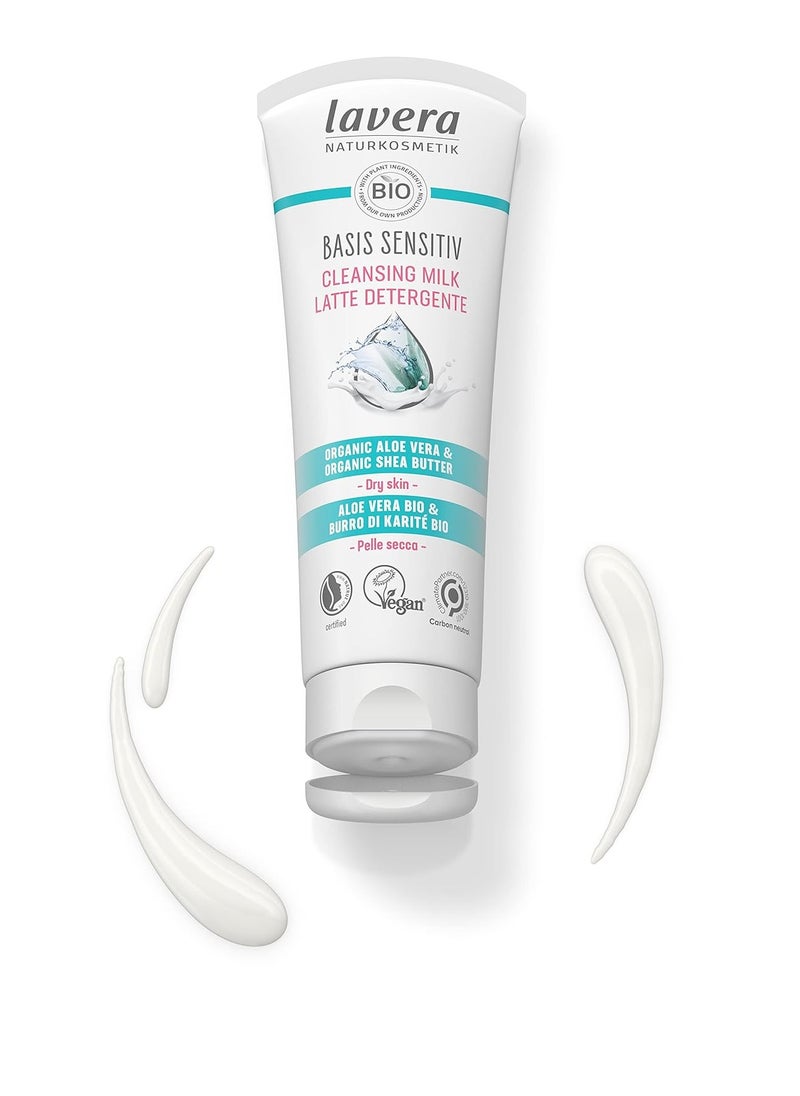 lavera Basis Sensitive Cleansing Milk - Facial Cleanser with Organic Aloe Vera & Shea Butter for Soft Skin - Make Up Remover - Face Wash - PETA Certified - Vegan - Made in Germany - 4.3 Fl Oz