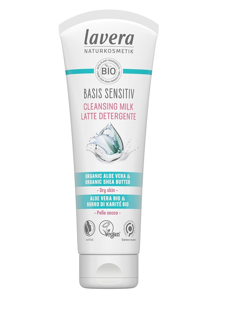 lavera Basis Sensitive Cleansing Milk - Facial Cleanser with Organic Aloe Vera & Shea Butter for Soft Skin - Make Up Remover - Face Wash - PETA Certified - Vegan - Made in Germany - 4.3 Fl Oz