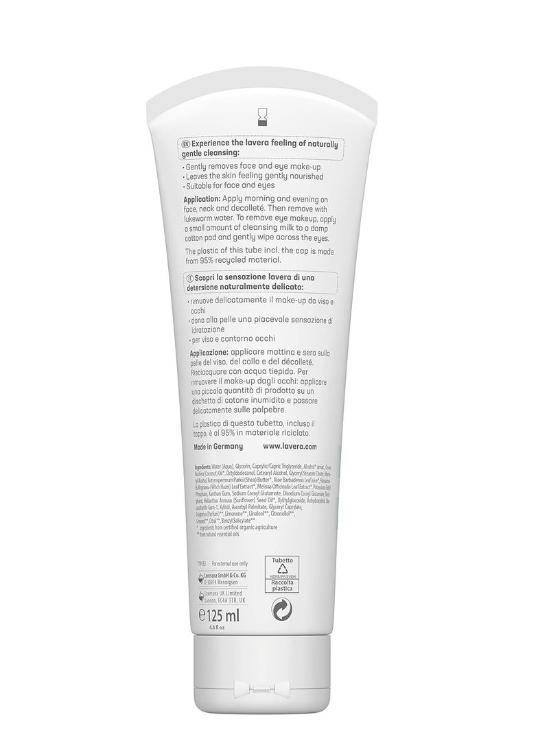 lavera Basis Sensitive Cleansing Milk - Facial Cleanser with Organic Aloe Vera & Shea Butter for Soft Skin - Make Up Remover - Face Wash - PETA Certified - Vegan - Made in Germany - 4.3 Fl Oz