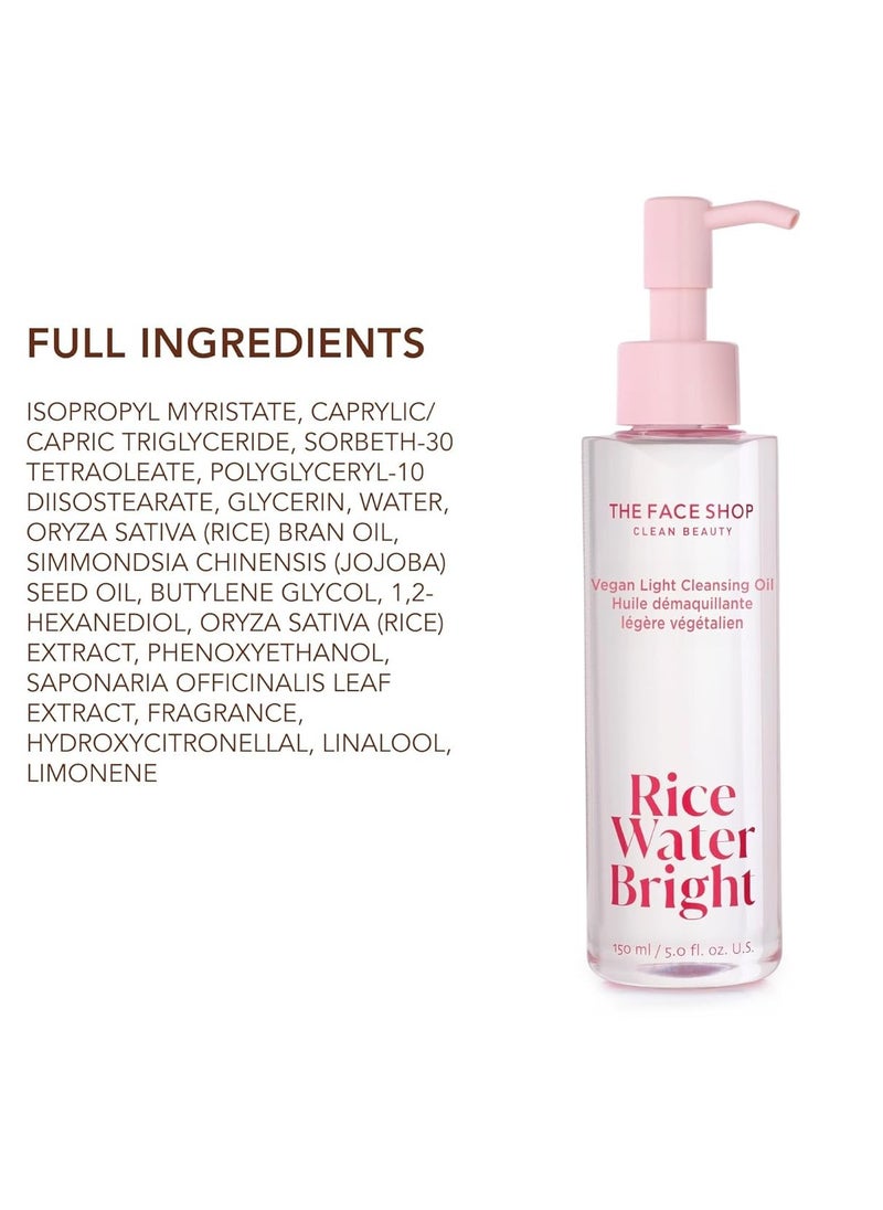 The Face Shop Rice Water Bright Light Facial Cleansing Oil, Daily Makeup Remover, Oil Cleanser, Vegan, Korean Skin Care with Jojoba Oil, Face Wash for Sensitive, Normal & Oily Skin, Face Pore Cleanser