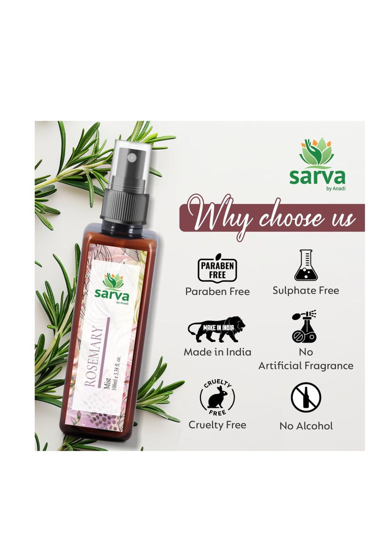 SARVA by Anadi 100% Pure & Natural Rosemary Water Spray for Hair Growth | Hydrosol Hair Mist Spray | Strengthens Hair, Reduces Scalp Itching & Breakage | Helps Control Hairfall | Men & Women | 100 ML