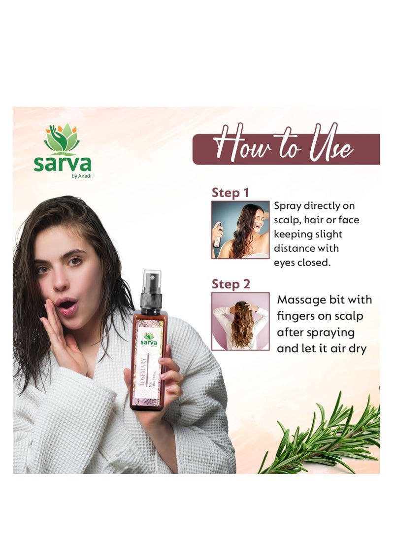 SARVA by Anadi 100% Pure & Natural Rosemary Water Spray for Hair Growth | Hydrosol Hair Mist Spray | Strengthens Hair, Reduces Scalp Itching & Breakage | Helps Control Hairfall | Men & Women | 100 ML