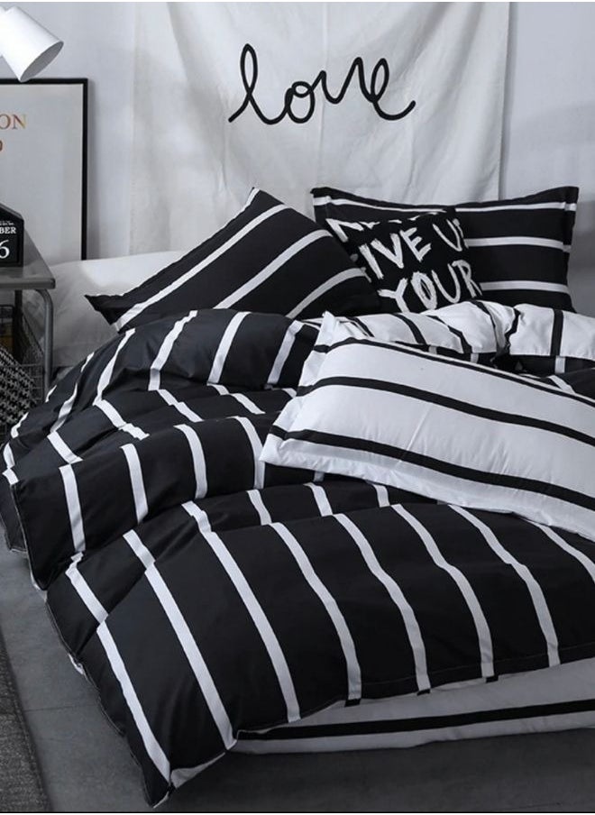 6 Piece Striped King Size Duvet Cover Set. Black and White Reversible Bedding Set.