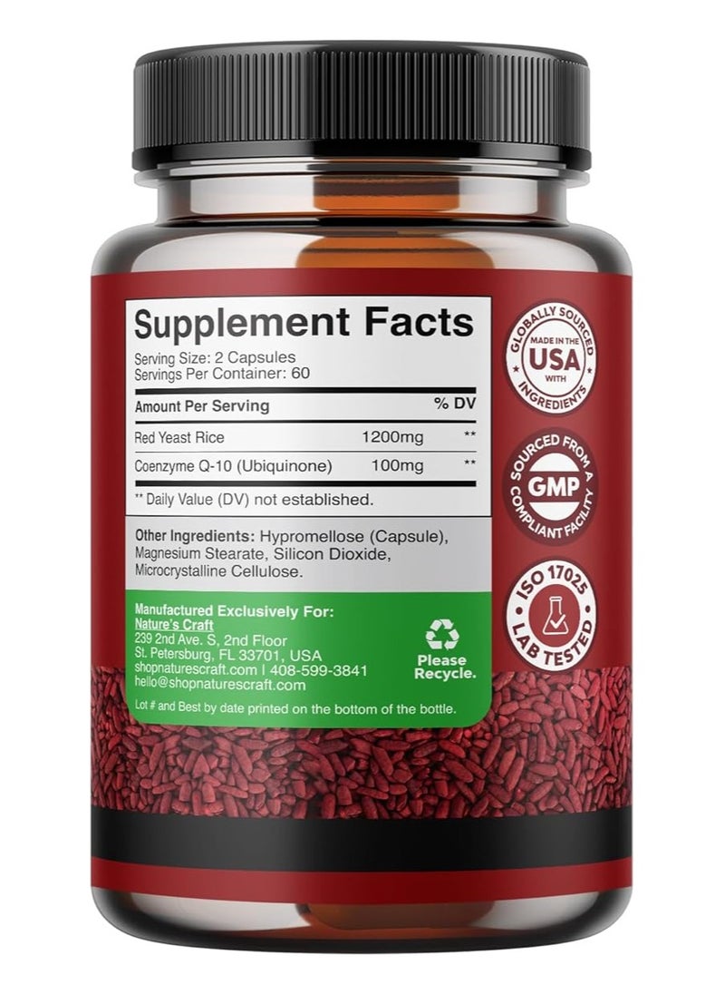 Extra Strength Red Yeast Rice Supplement - Potent Citrinin-Free Red Yeast Rice 1200 mg. Capsules with CoQ10 100mg - Naturally Occurring Monacolin K for Heart Health & Cellular Energy Boost 120ct