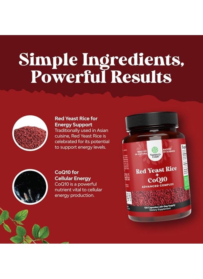 Extra Strength Red Yeast Rice Supplement - Potent Citrinin-Free Red Yeast Rice 1200 mg. Capsules with CoQ10 100mg - Naturally Occurring Monacolin K for Heart Health & Cellular Energy Boost 120ct