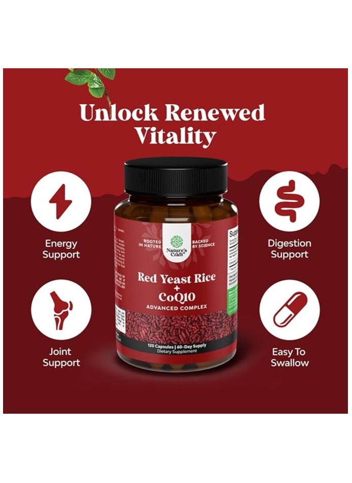 Extra Strength Red Yeast Rice Supplement - Potent Citrinin-Free Red Yeast Rice 1200 mg. Capsules with CoQ10 100mg - Naturally Occurring Monacolin K for Heart Health & Cellular Energy Boost 120ct