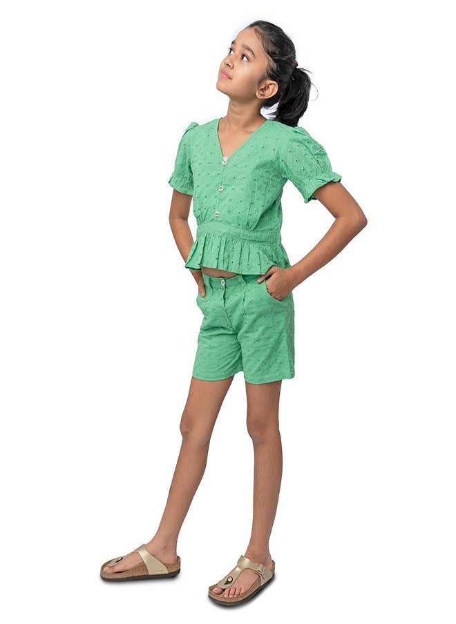 Green schiffli crop top with schiffli short sets for girls