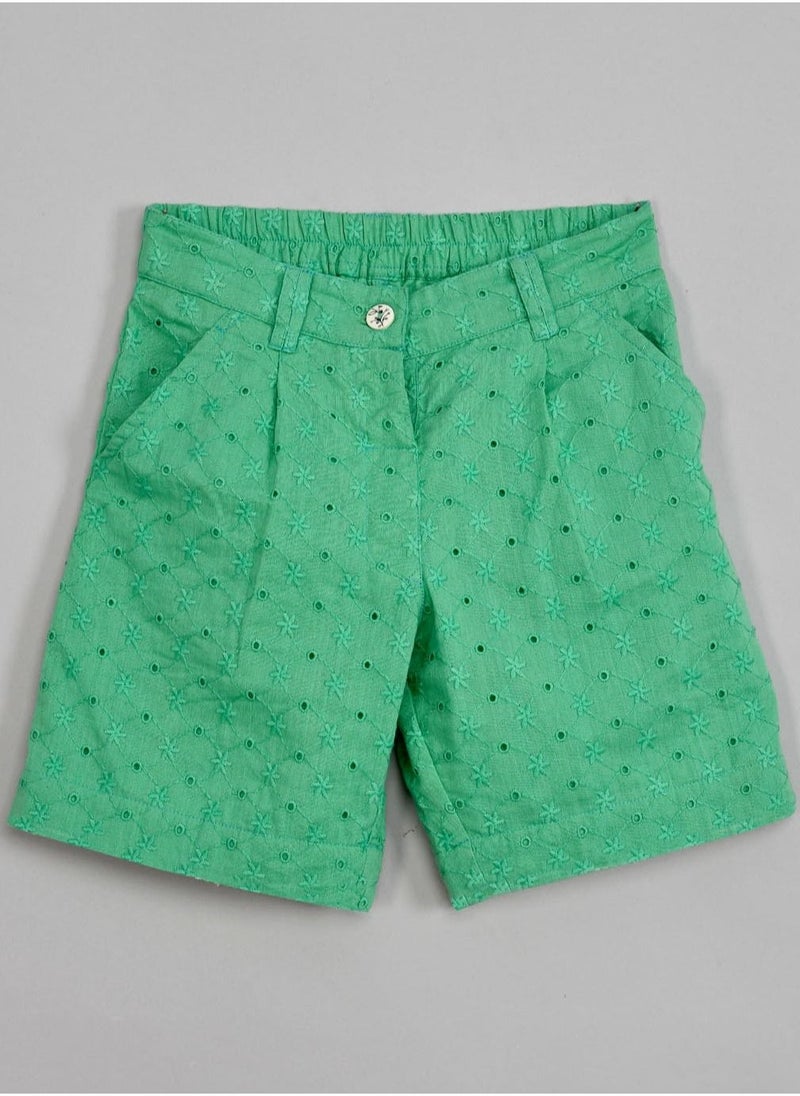 Green schiffli crop top with schiffli short sets for girls