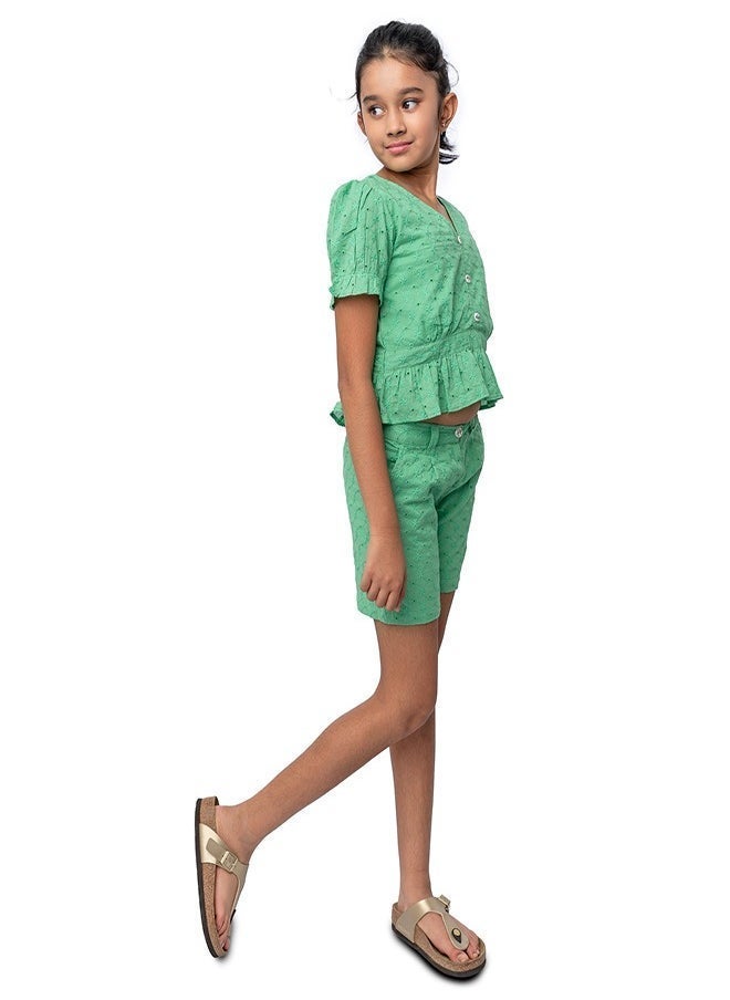 Green schiffli crop top with schiffli short sets for girls