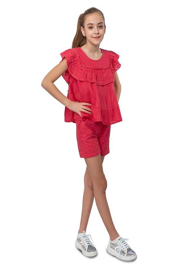 Red schiffli frilled top with schiffli short sets for girls