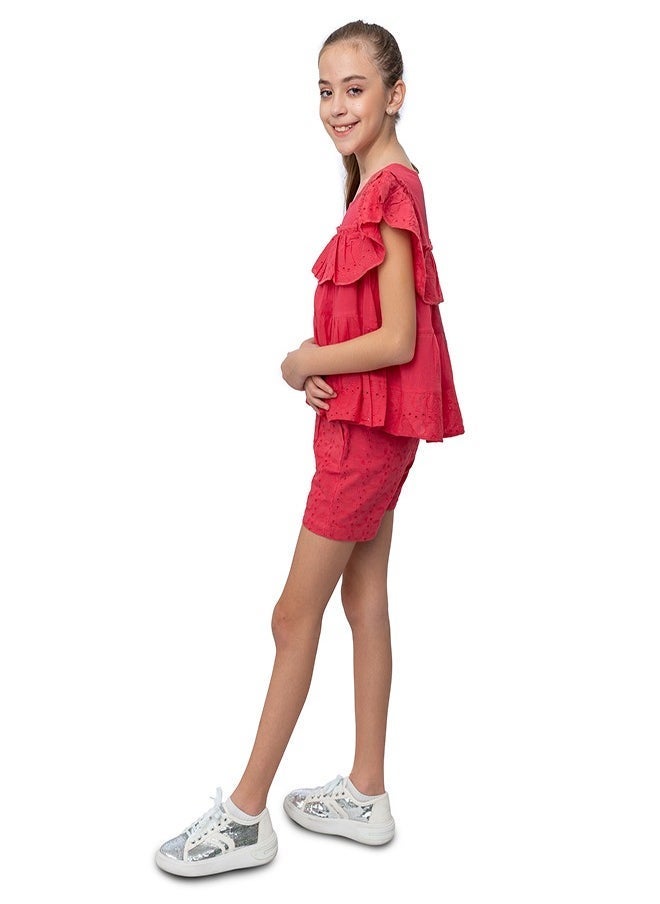 Red schiffli frilled top with schiffli short sets for girls