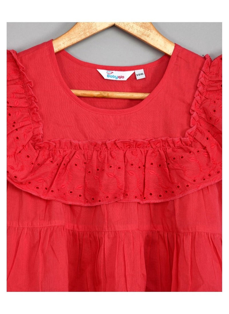 Red schiffli frilled top with schiffli short sets for girls