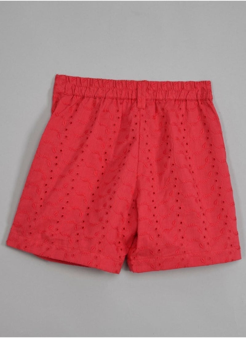 Red schiffli frilled top with schiffli short sets for girls