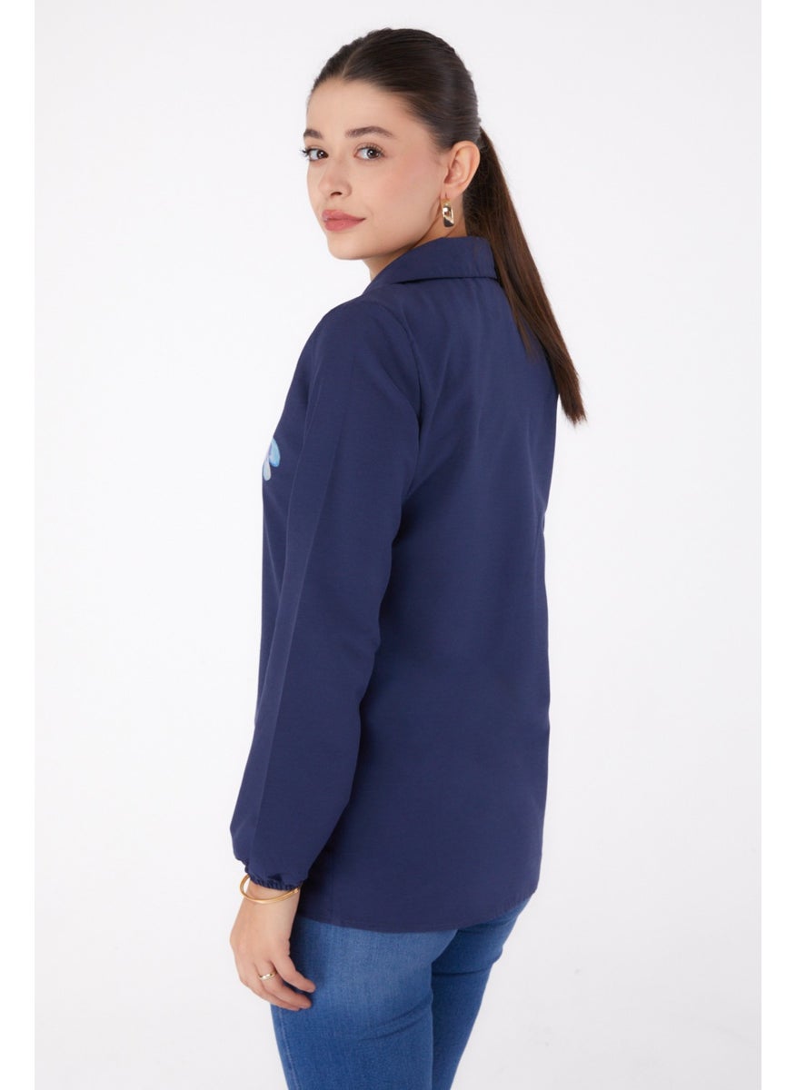 Plain Shirt Collar Women's Navy Blue Printed Shirt - 13338