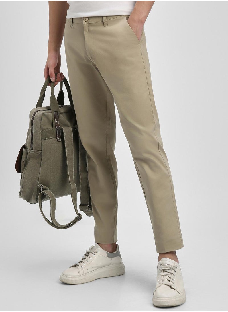 Light Khaki Slim Fit Chinos for Men - 100% Cotton, Full Length, Button & Zip, Mid Rise, Casual,