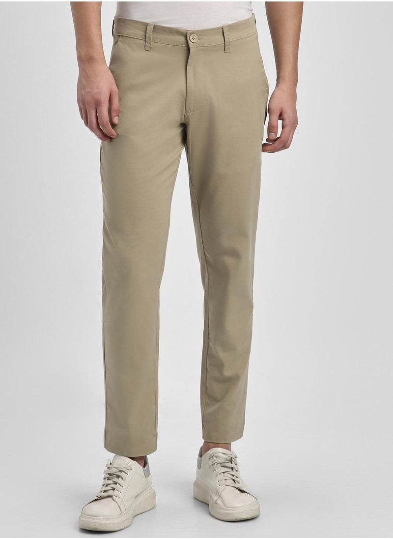 Light Khaki Slim Fit Chinos for Men - 100% Cotton, Full Length, Button & Zip, Mid Rise, Casual,