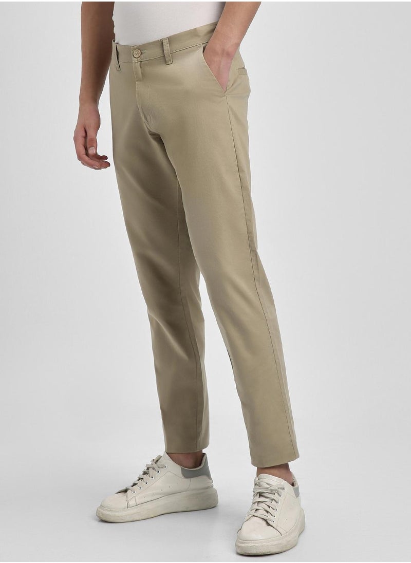 Light Khaki Slim Fit Chinos for Men - 100% Cotton, Full Length, Button & Zip, Mid Rise, Casual,