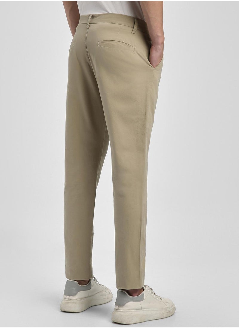 Light Khaki Slim Fit Chinos for Men - 100% Cotton, Full Length, Button & Zip, Mid Rise, Casual,