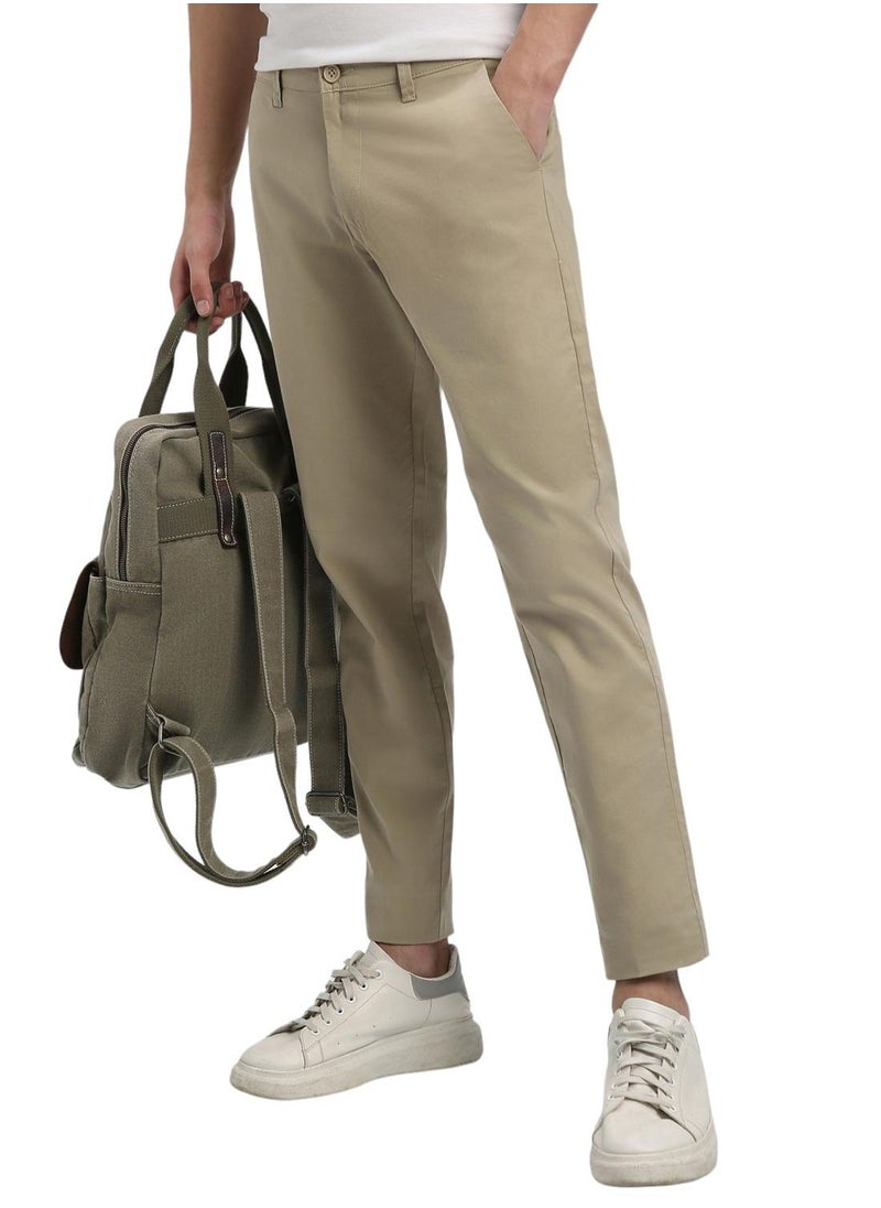 Light Khaki Slim Fit Chinos for Men - 100% Cotton, Full Length, Button & Zip, Mid Rise, Casual,