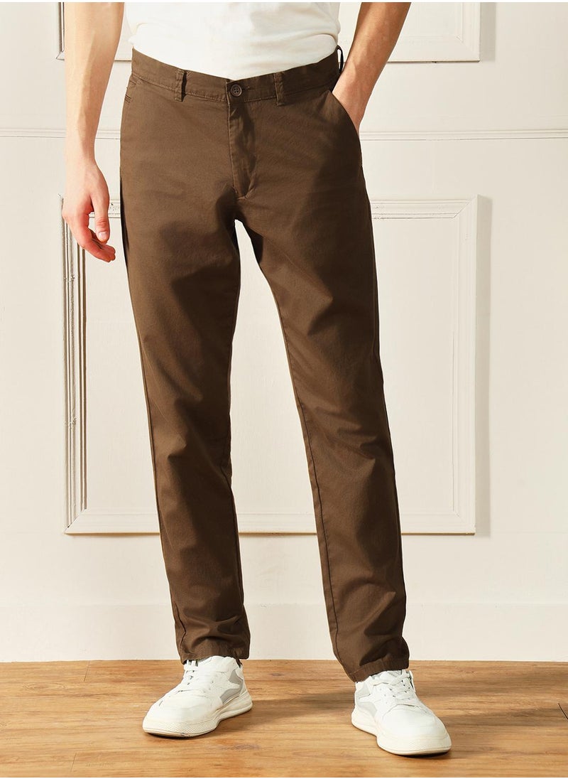 Men's Dark Khaki 100% Cotton Solid Pattern Full Length Chinos Slim Fit Trouser