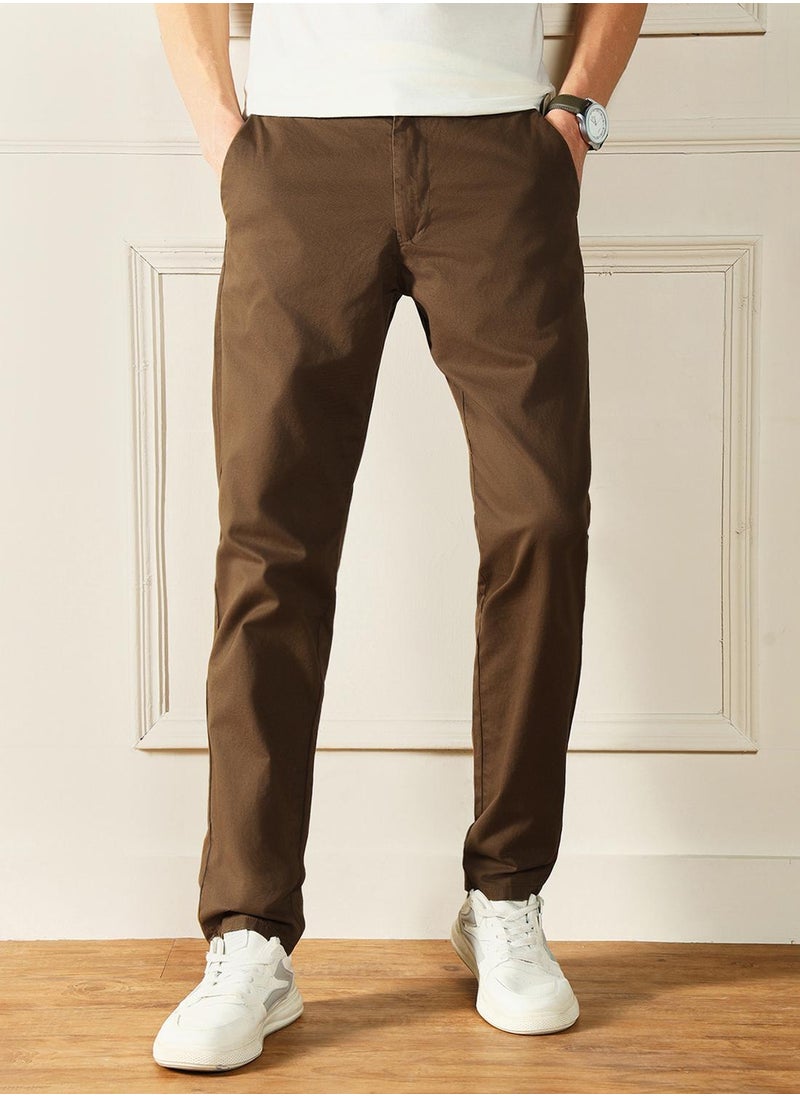 Men's Dark Khaki 100% Cotton Solid Pattern Full Length Chinos Slim Fit Trouser