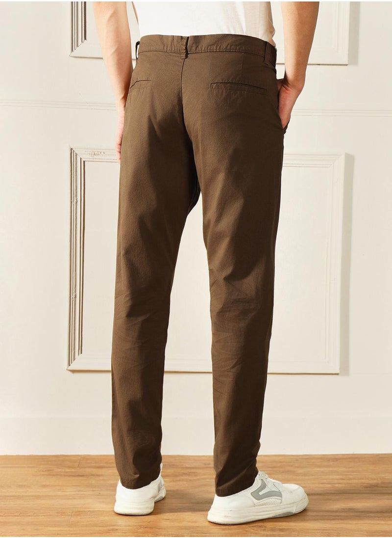 Men's Dark Khaki 100% Cotton Solid Pattern Full Length Chinos Slim Fit Trouser