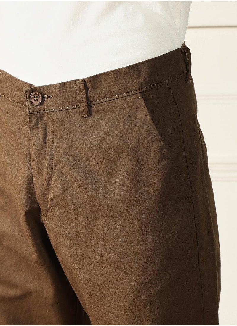 Men's Dark Khaki 100% Cotton Solid Pattern Full Length Chinos Slim Fit Trouser
