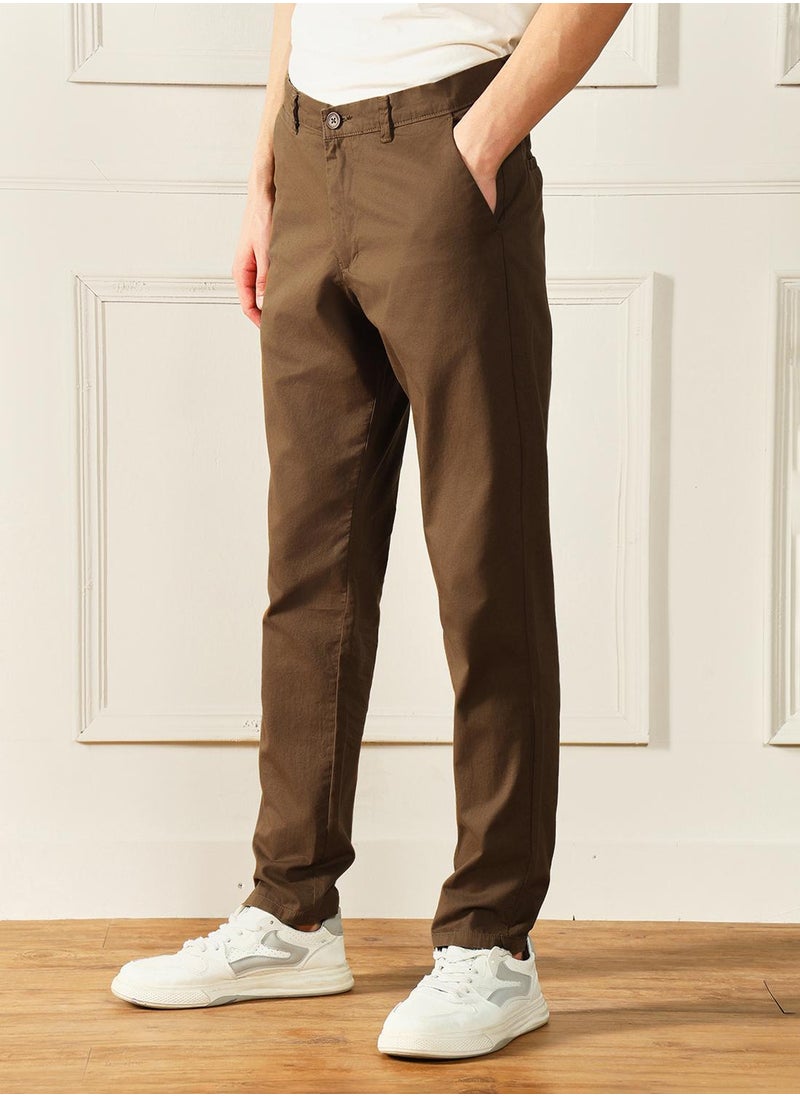 Men's Dark Khaki 100% Cotton Solid Pattern Full Length Chinos Slim Fit Trouser