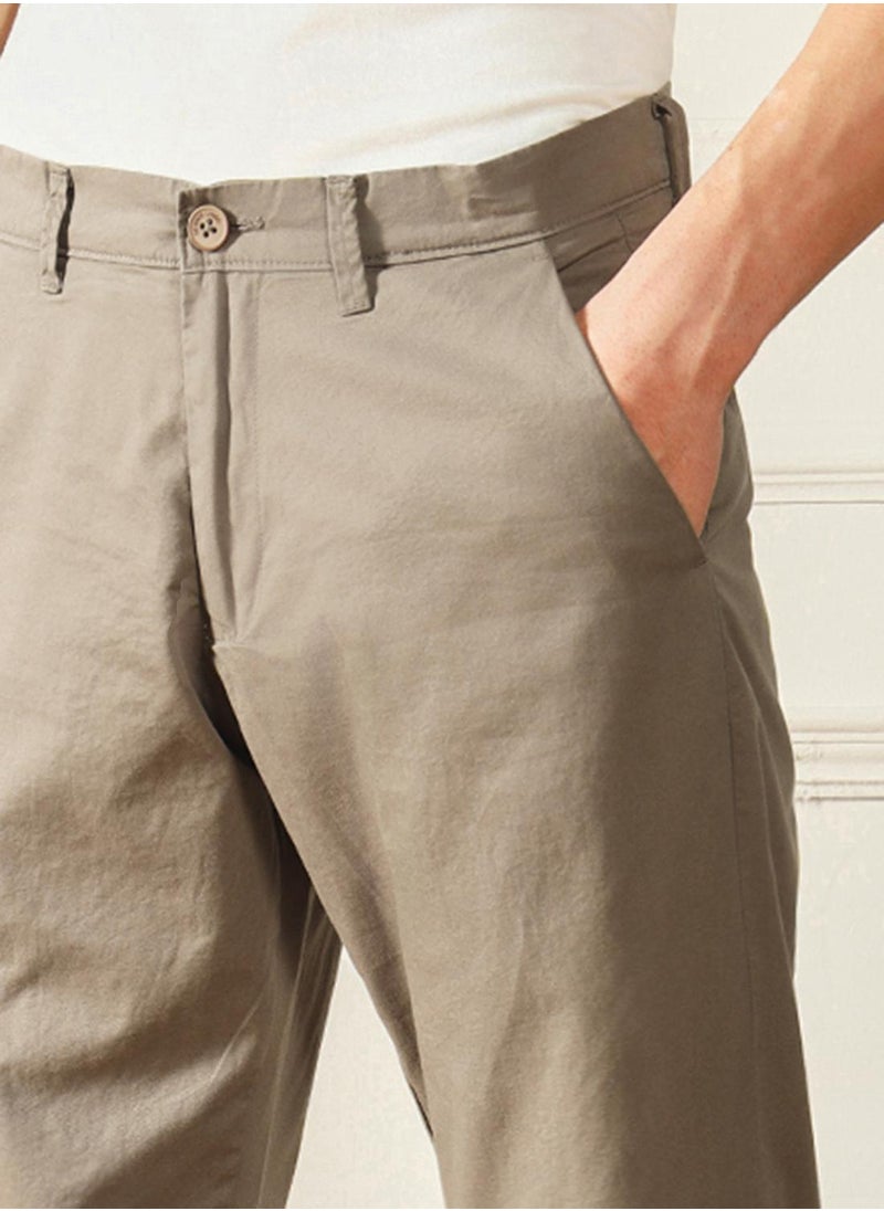 Mid Khaki Slim Fit Chinos for Men - 100% Cotton, Full Length, Button & Zip, Mid Rise, Casual,